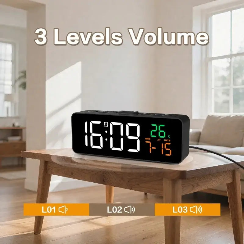 USB Digital Alarm Clock – TEMP & Date Display with 5-Level Brightness Habicare