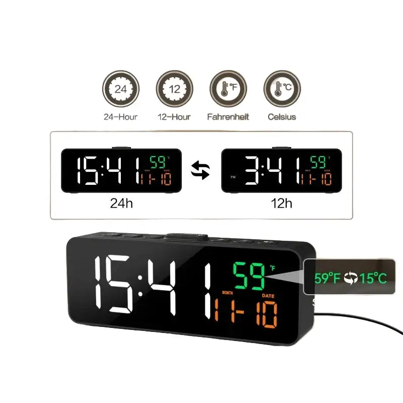 USB Digital Alarm Clock – TEMP & Date Display with 5-Level Brightness Habicare