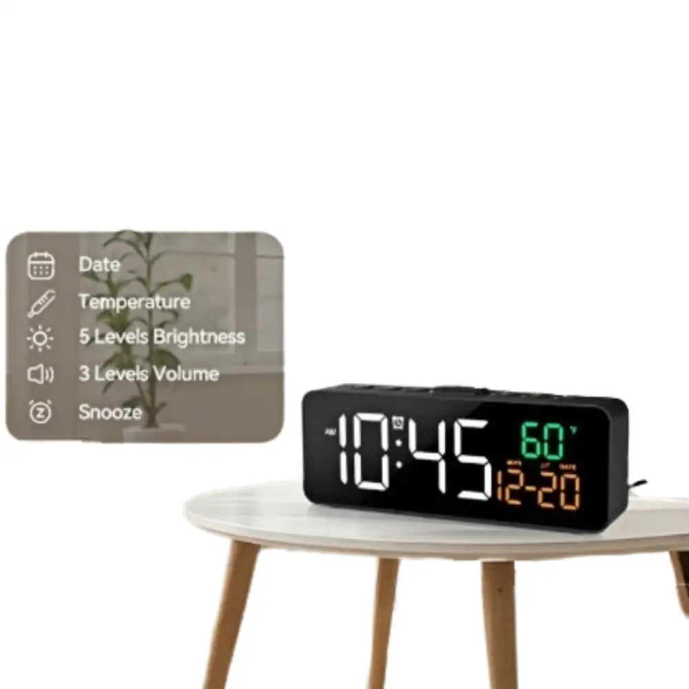 USB Digital Alarm Clock – TEMP & Date Display with 5-Level Brightness Habicare