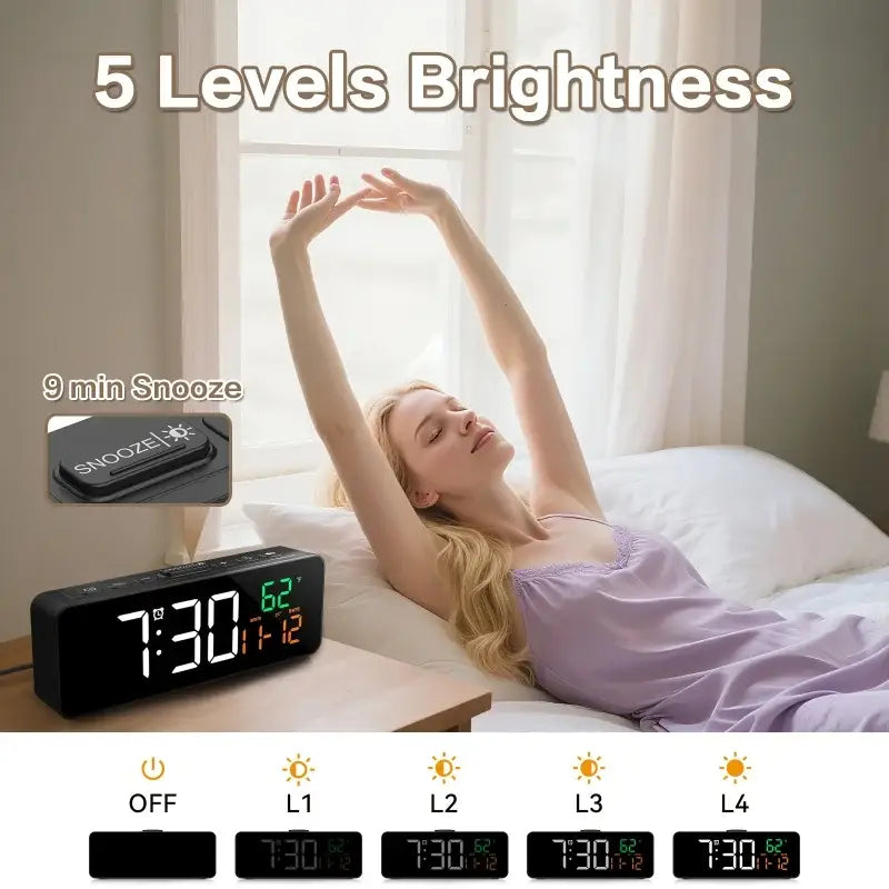 USB Digital Alarm Clock – TEMP & Date Display with 5-Level Brightness Habicare
