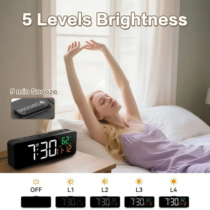 USB Digital Alarm Clock – TEMP & Date Display with 5-Level Brightness Habicare