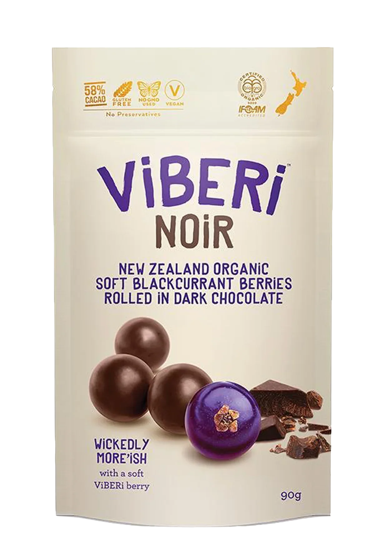NOiR 58% Organic Dark Chocolate Rolled Blackcurrants 90g