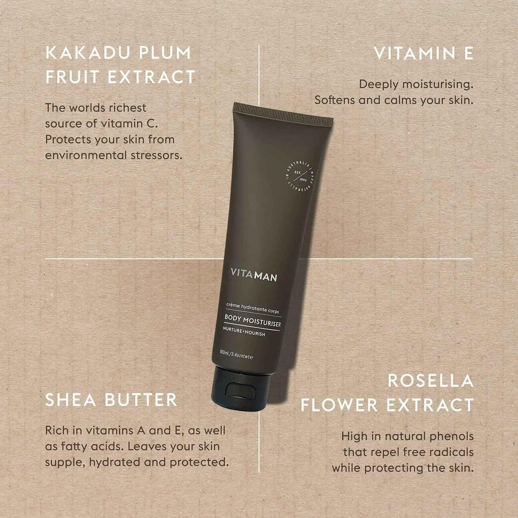 VITAMAN Australia body moisturizer in a sleek white container, designed for hydration and skin nourishment.
