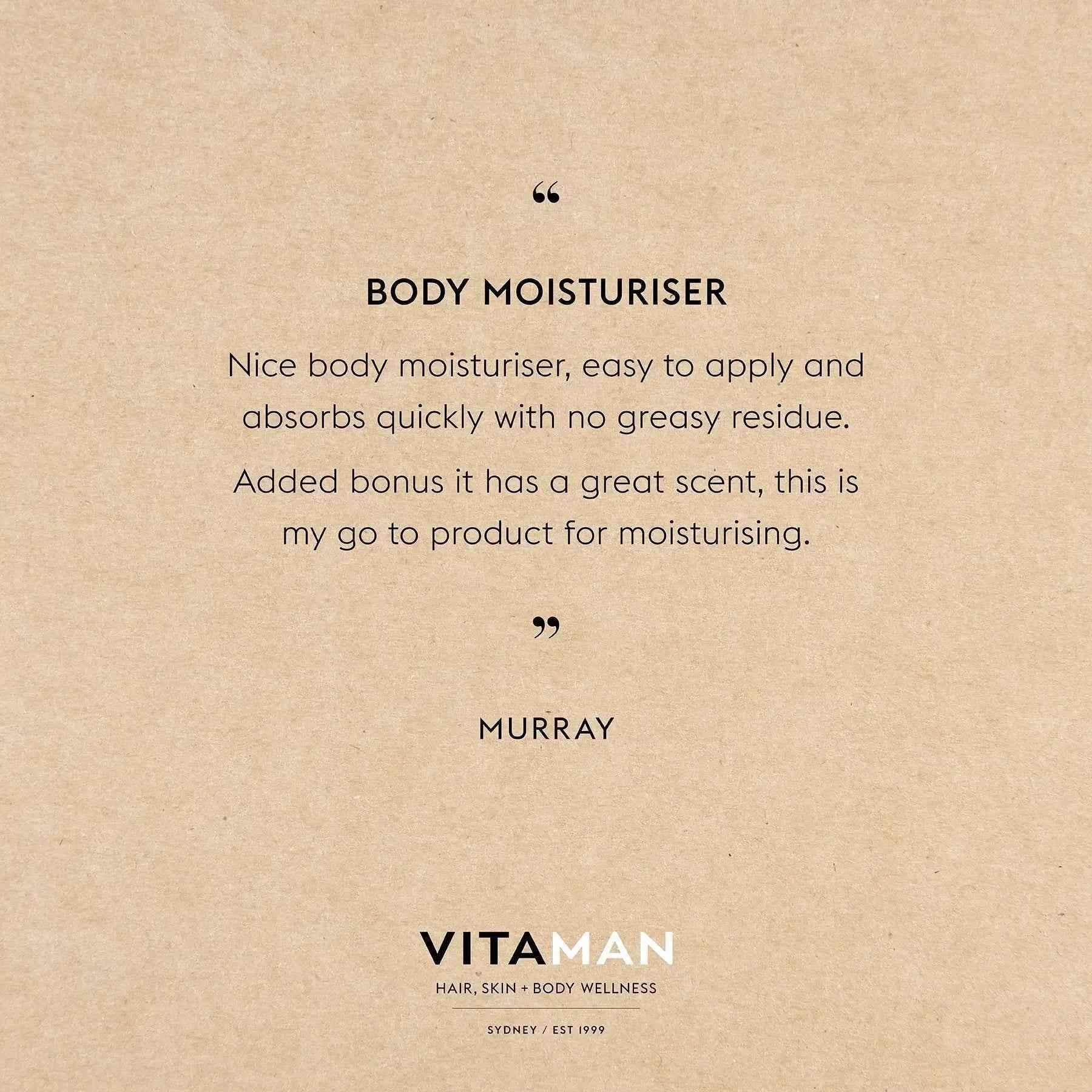 VITAMAN Australia body moisturizer in a sleek pump bottle, designed to hydrate and nourish skin.