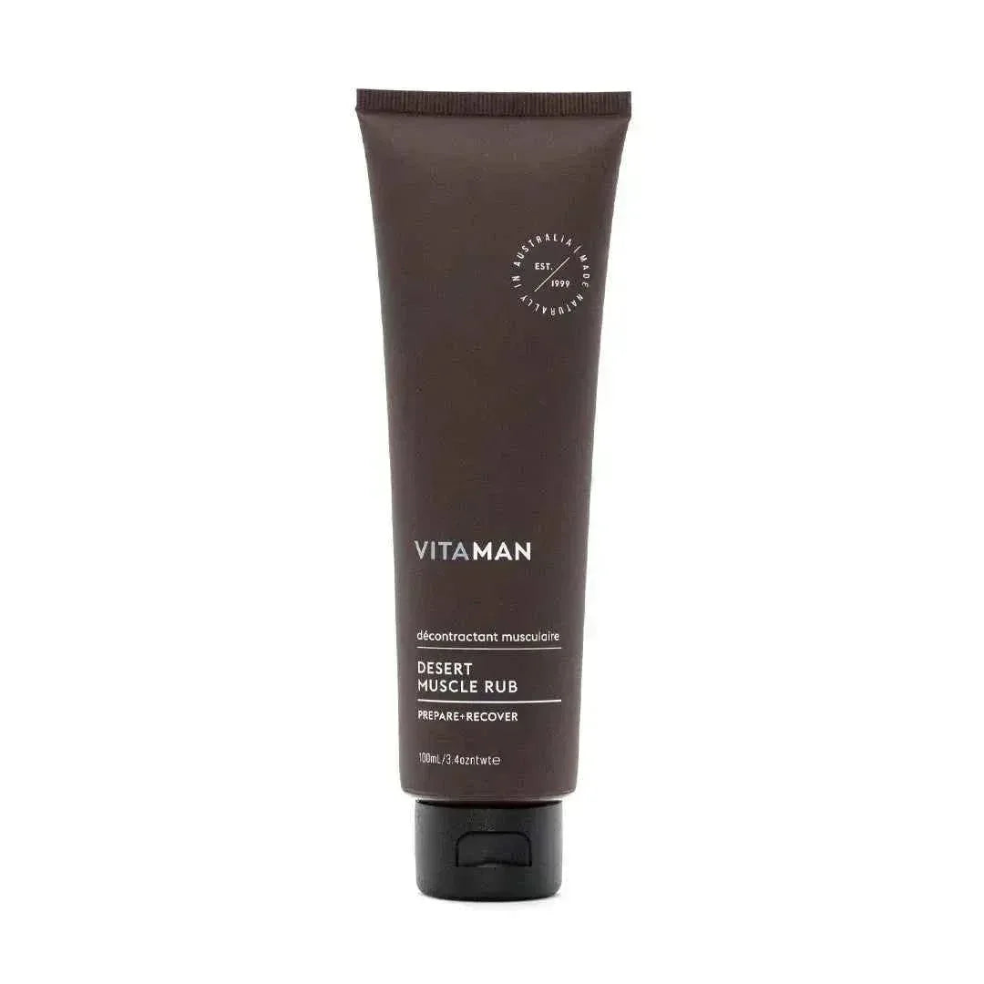 VITAMAN Australia Desert Muscle Rub for Men, body grooming solution with natural ingredients, displayed in a sleek container.