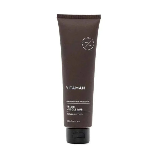 VITAMAN Australia Desert Muscle Rub for Men, body grooming solution with natural ingredients, displayed in a sleek container.