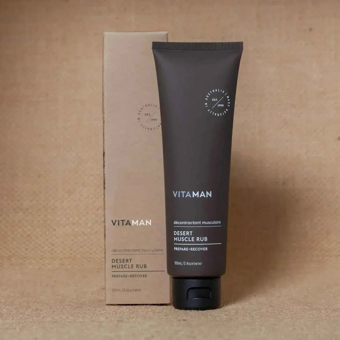 VITAMAN Australia Desert Muscle Rub for Men, a body grooming product with natural ingredients for muscle relief and skin care.