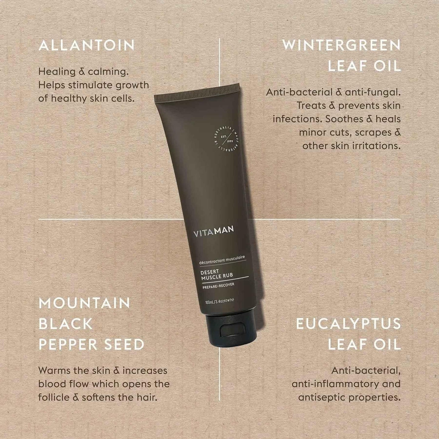 VITAMAN Australia Desert Muscle Rub for Men, a body grooming product with natural ingredients for muscle relief and skin comfort.