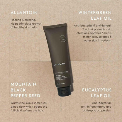 VITAMAN Australia Desert Muscle Rub for Men, a body grooming product with natural ingredients for muscle relief and skin comfort.