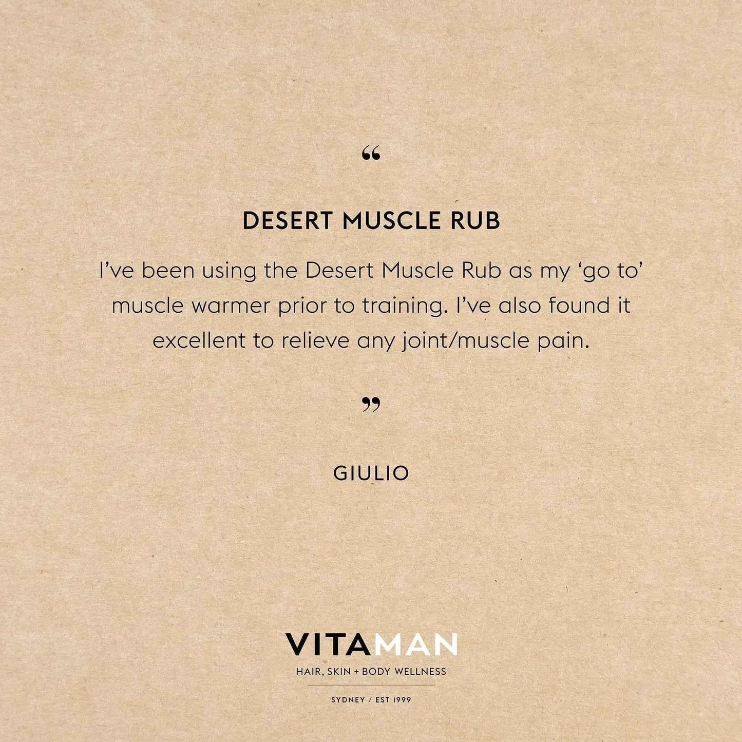 VITAMAN Australia Desert Muscle Rub for Men, a body grooming solution, shown in a sleek container with natural desert imagery.