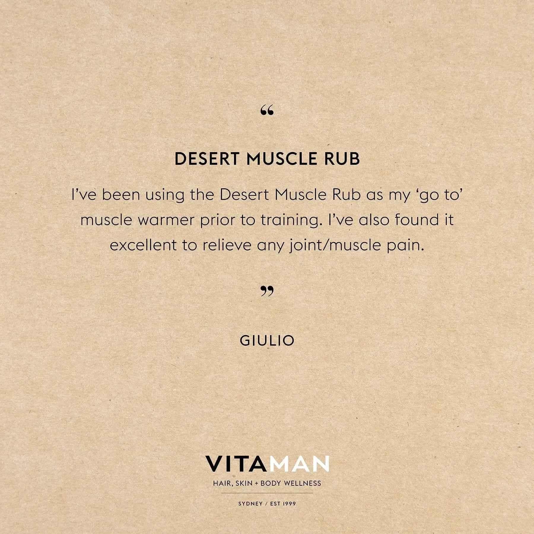 VITAMAN Australia Desert Muscle Rub for Men, a body grooming solution, shown in a sleek container with natural desert imagery.
