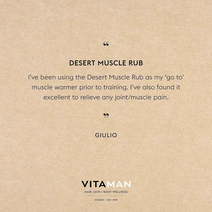 VITAMAN Australia Desert Muscle Rub for Men, a body grooming solution, shown in a sleek container with natural desert imagery.