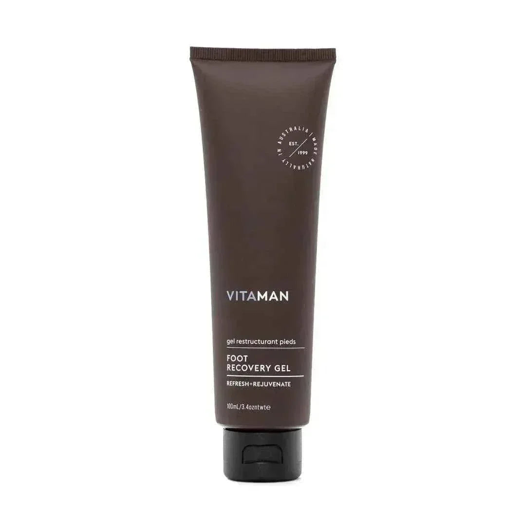 VITAMAN Australia foot recovery gel applied to feet, soothing body skincare product for refreshing and revitalizing skin.