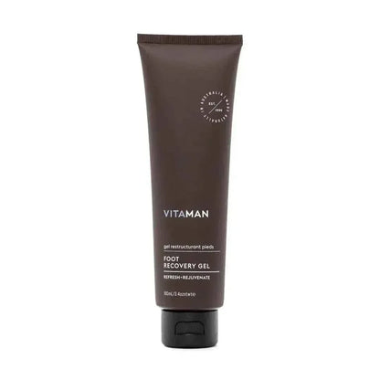 VITAMAN Australia foot recovery gel applied to feet, soothing body skincare product for refreshing and revitalizing skin.
