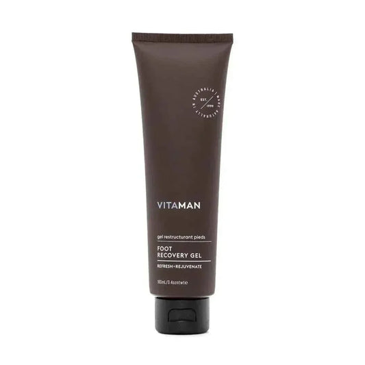 VITAMAN Australia foot recovery gel applied to feet, soothing body skincare product for refreshing and revitalizing skin.