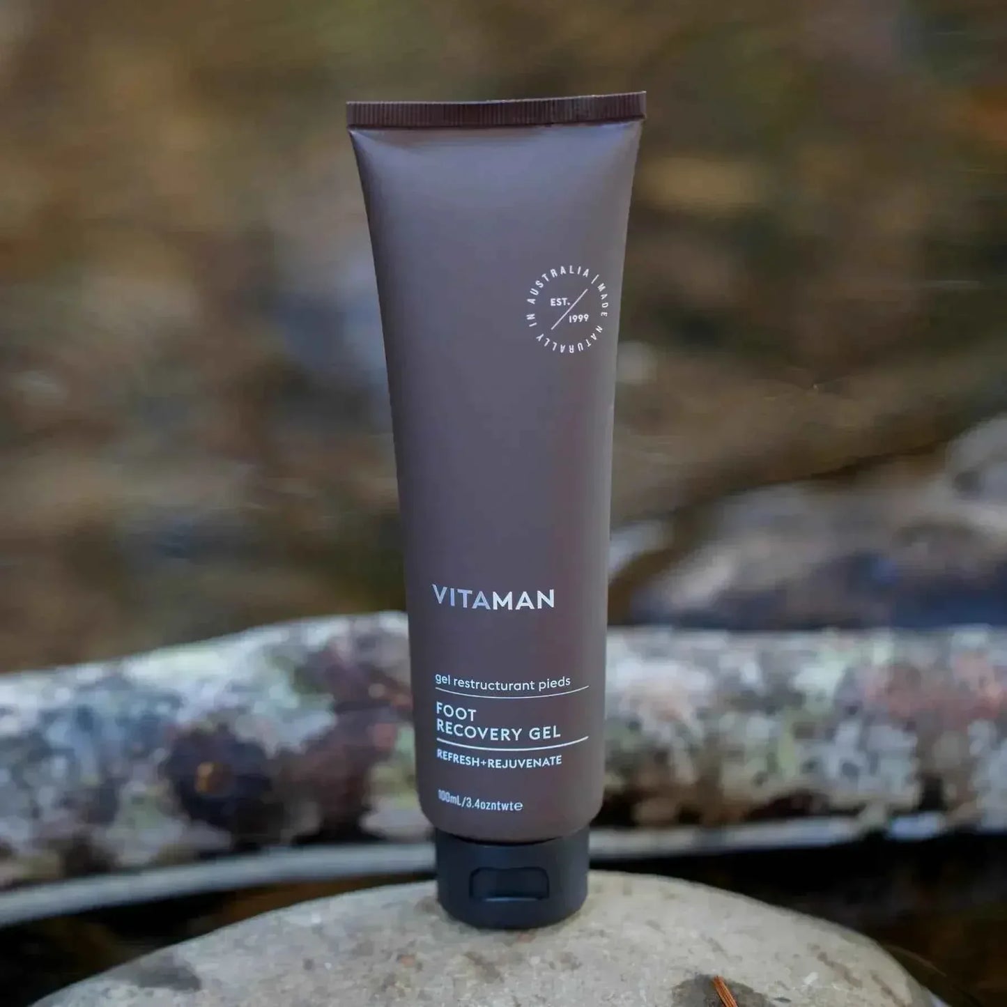 VITAMAN Australia Foot Recovery Gel applied on feet, soothing and hydrating body gel for foot care and relief.
