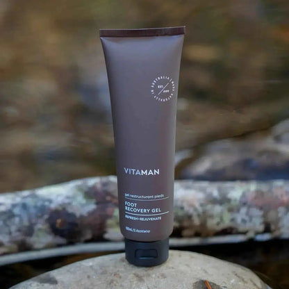 VITAMAN Australia Foot Recovery Gel applied on feet, soothing and hydrating body gel for foot care and relief.