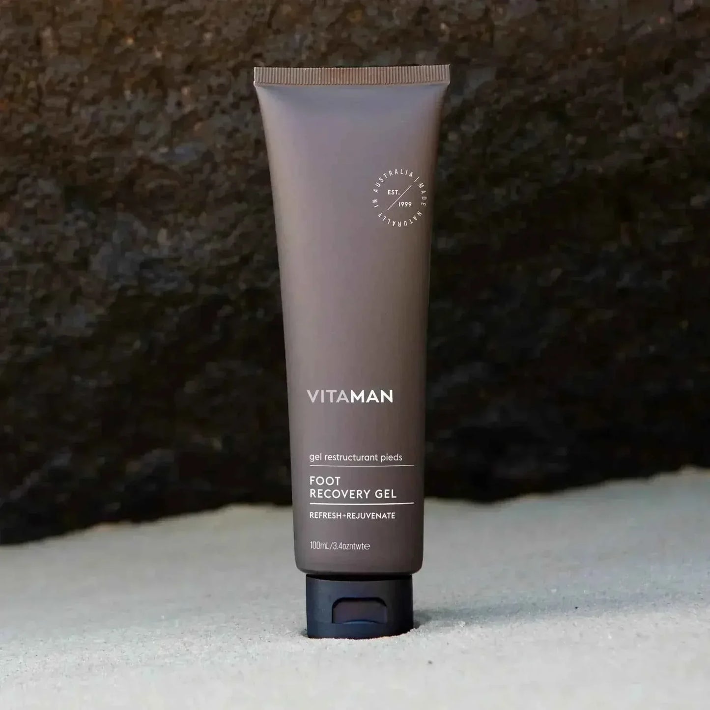 VITAMAN Australia Foot Recovery Gel applied on the foot, showcasing a soothing body gel formula for revitalizing tired feet.