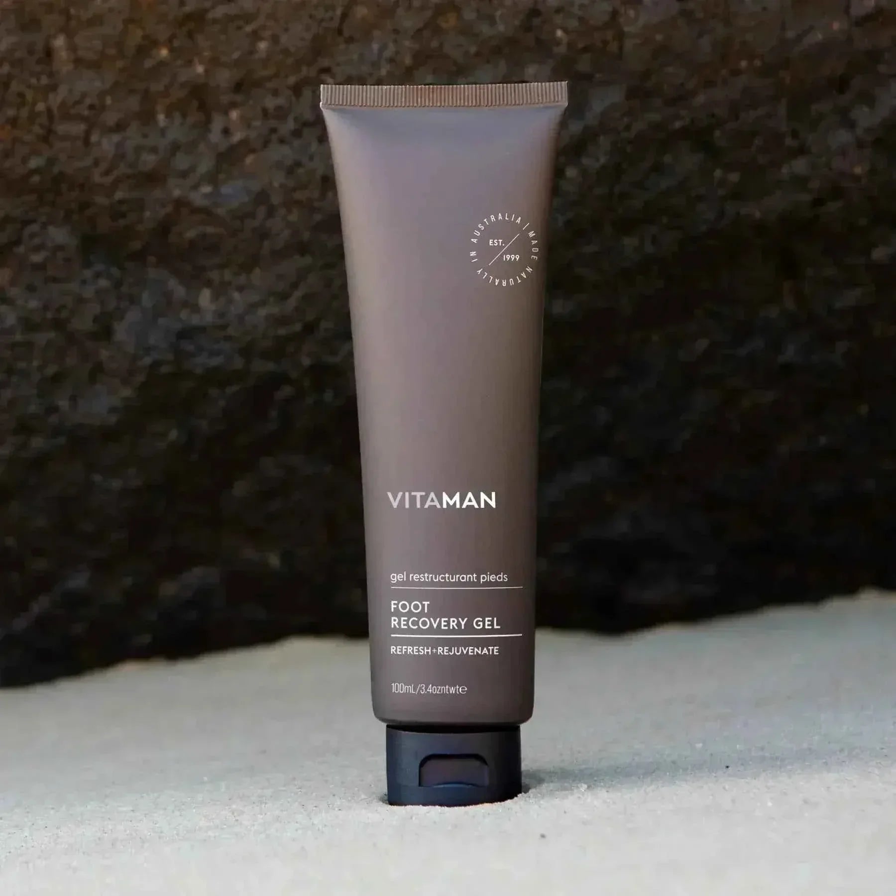 VITAMAN Australia Foot Recovery Gel applied on the foot, showcasing a soothing body gel formula for revitalizing tired feet.
