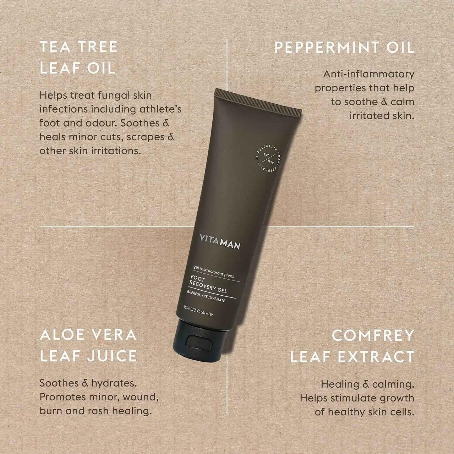 VITAMAN Australia Foot Recovery Gel applied to feet, moisturizing and soothing tired, achy skin for body foot care.