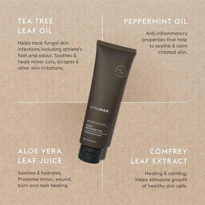 VITAMAN Australia Foot Recovery Gel applied to feet, moisturizing and soothing tired, achy skin for body foot care.