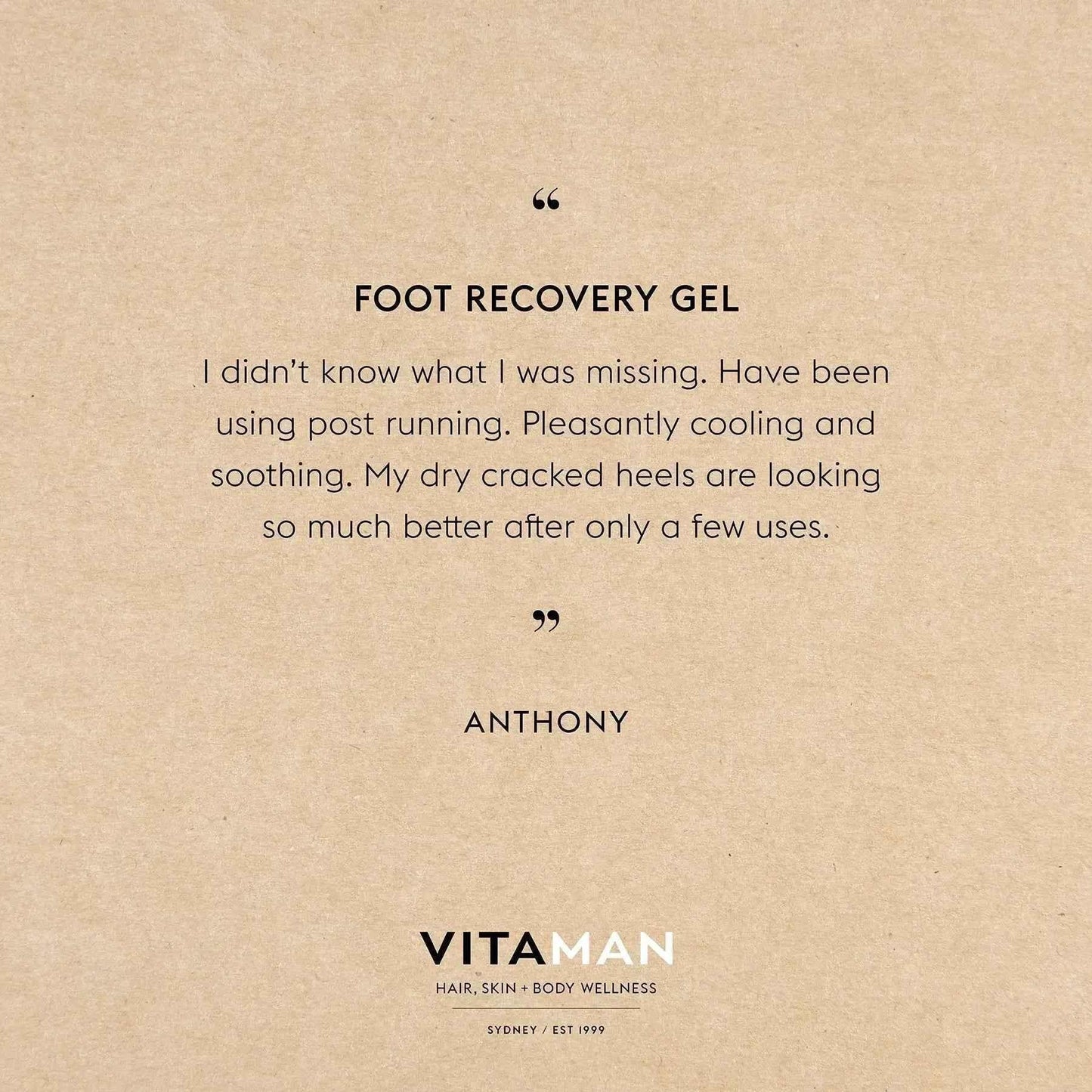 VITAMAN Australia Foot Recovery Gel applied on feet, natural body skincare product for soothing and revitalizing skin.