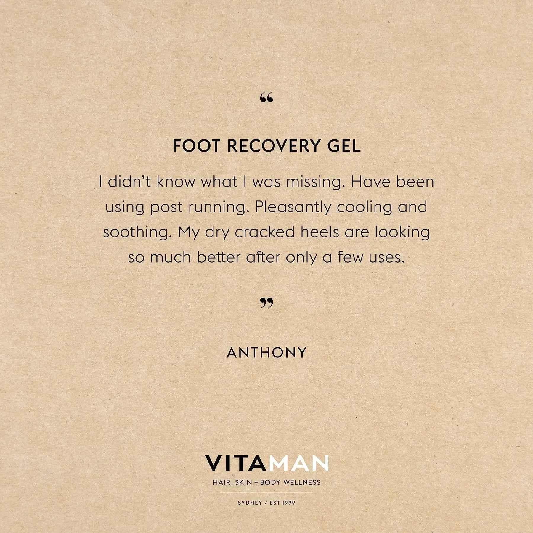 VITAMAN Australia Foot Recovery Gel applied on feet, natural body skincare product for soothing and revitalizing skin.