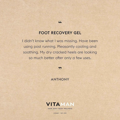 VITAMAN Australia Foot Recovery Gel applied on feet, natural body skincare product for soothing and revitalizing skin.