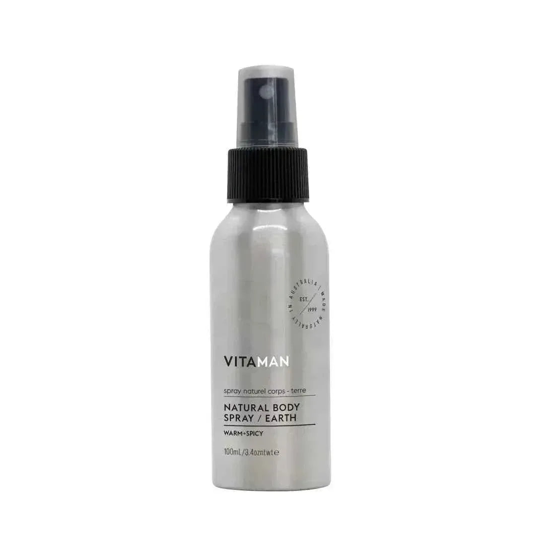 VITAMAN Australia Natural Body Spray Earth 100ml bottle, featuring a sleek design and natural fragrance for body refreshment.