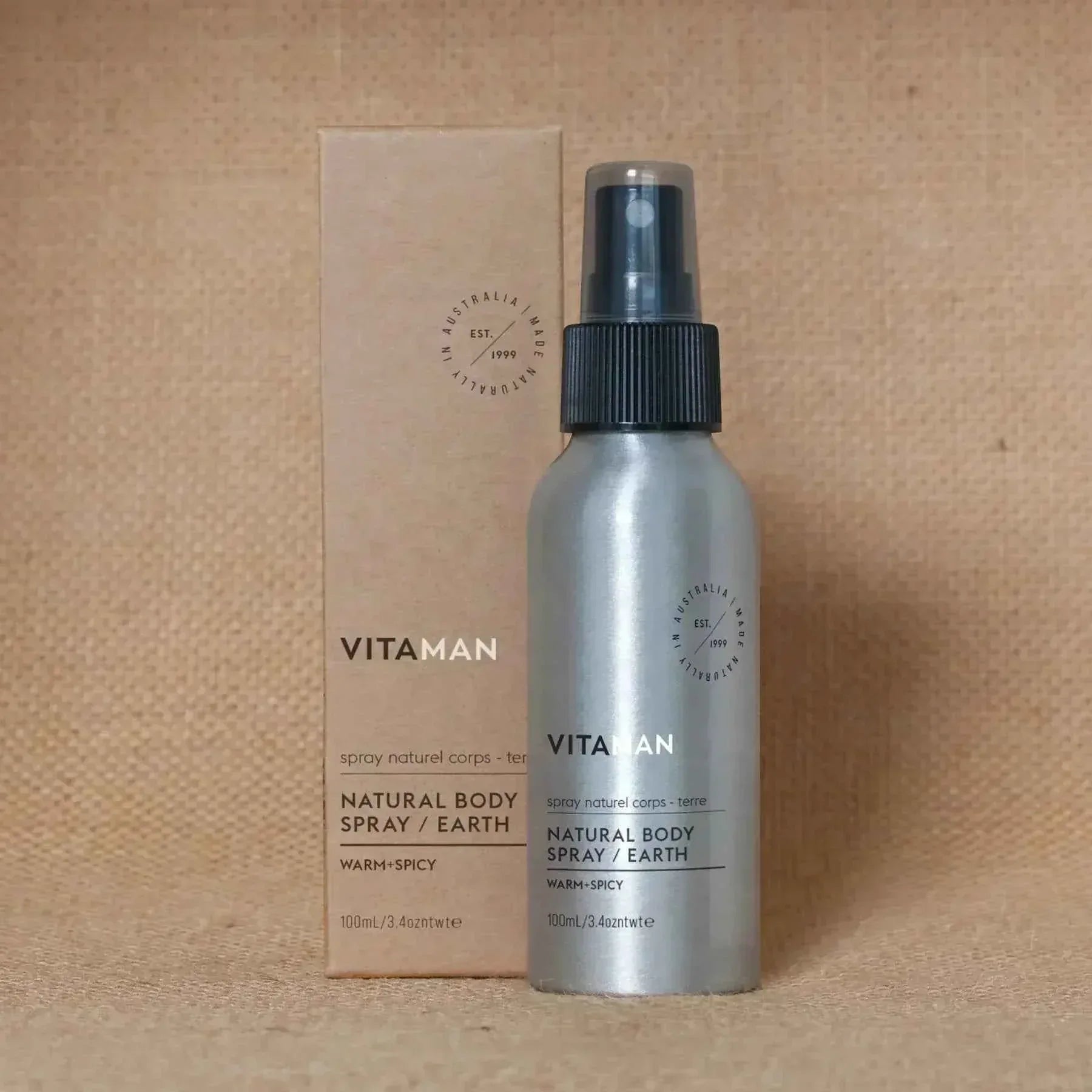 VITAMAN Australia Natural Body Spray Earth 100ml bottle, featuring a sleek design and eco-friendly packaging.