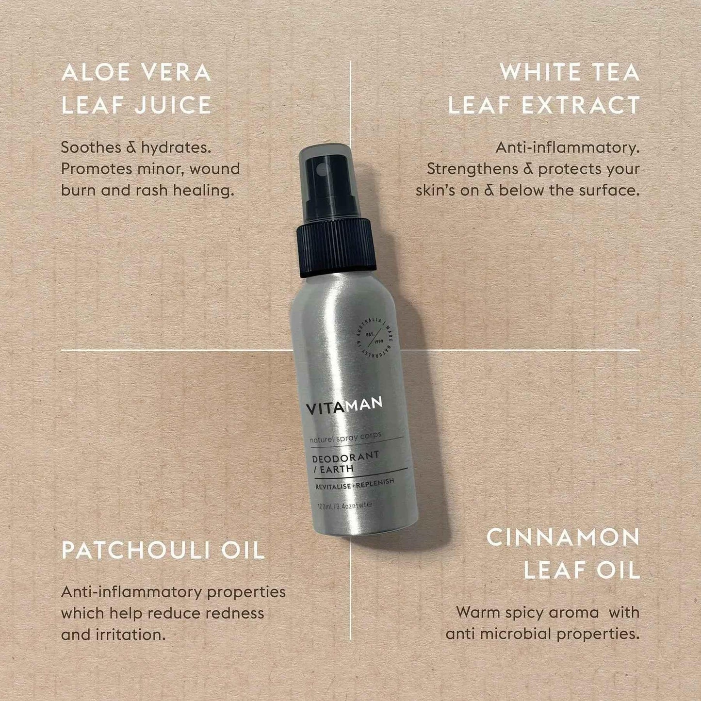 VITAMAN Australia Natural Body Spray Earth 100ml bottle, showcasing the product with green and earthy-toned packaging.