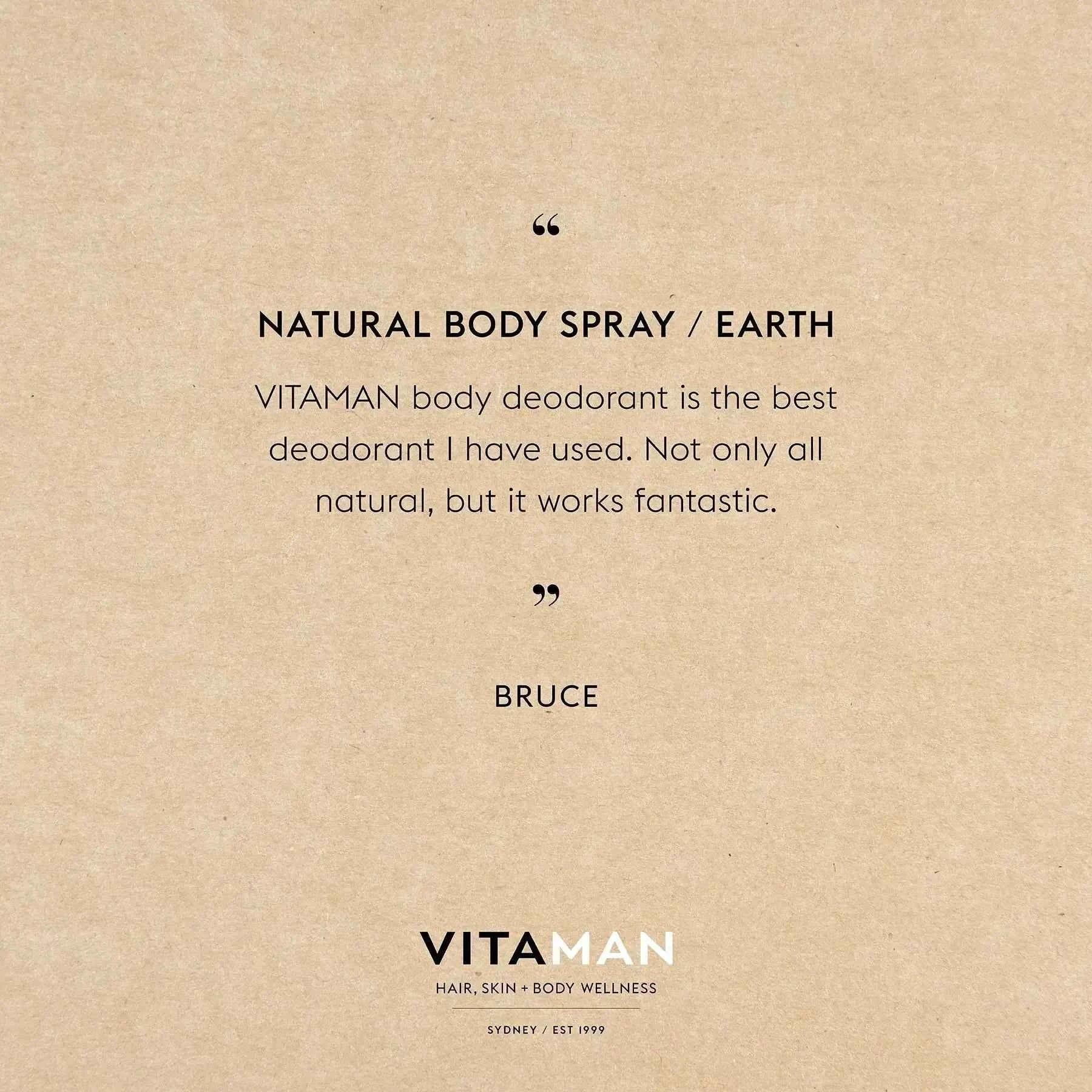 VITAMAN Australia Natural Body Spray Earth 100ml bottle, featuring a sleek design and earthy-colored label.