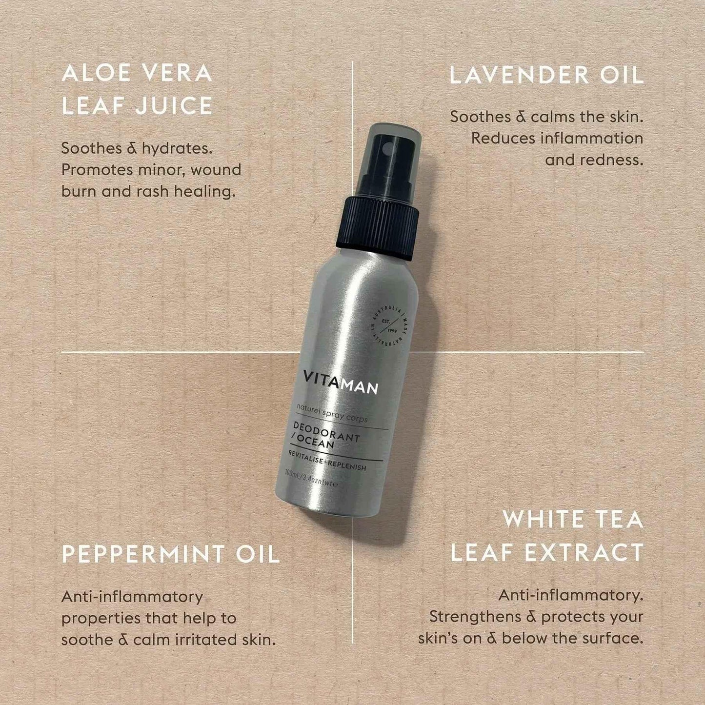VITAMAN Australia Natural Body Spray Ocean 100ml bottle with fresh, ocean-inspired scent and sleek packaging.