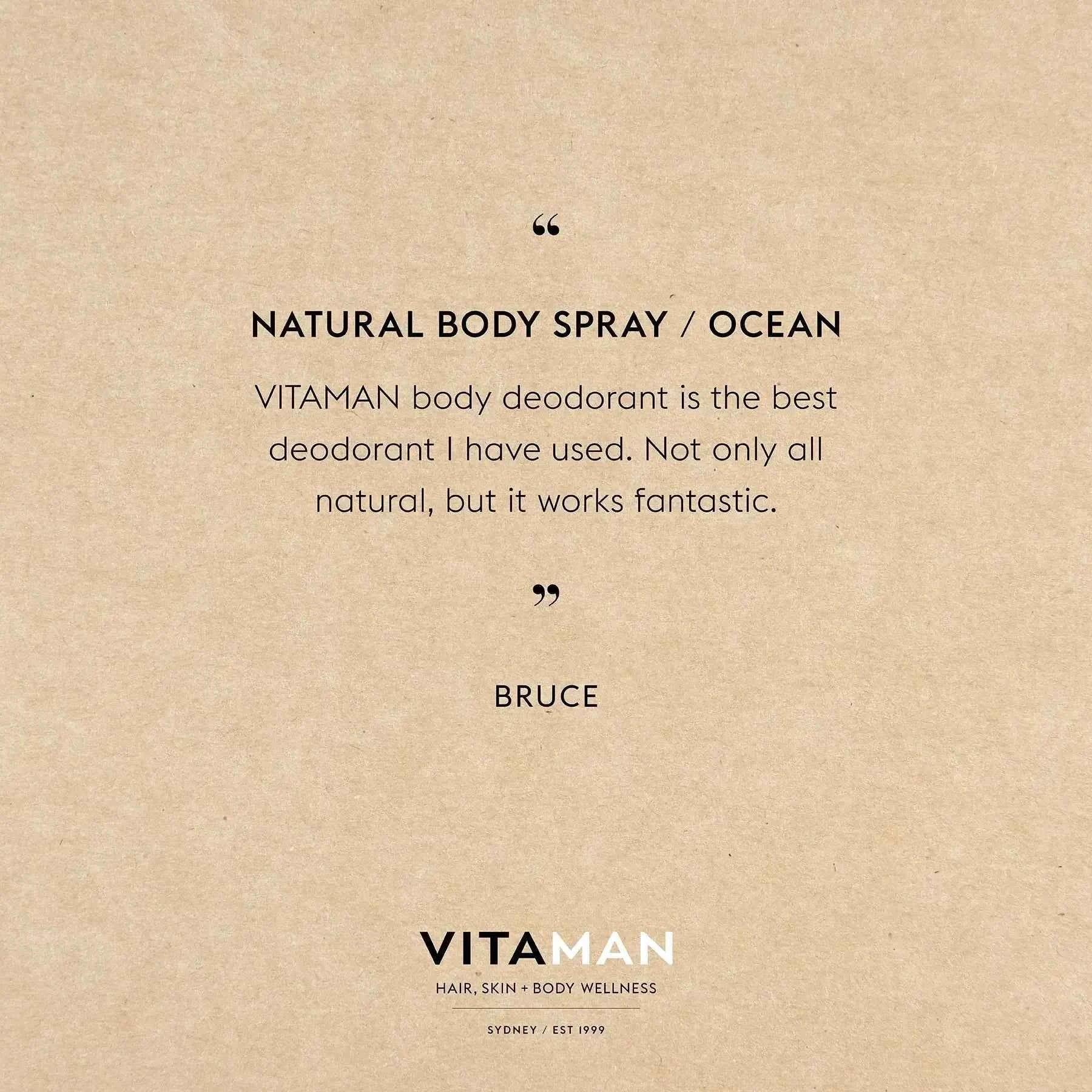 VITAMAN Australia Natural Ocean Body Spray 100ml, fresh and invigorating scent, spray bottle with blue ocean-themed design