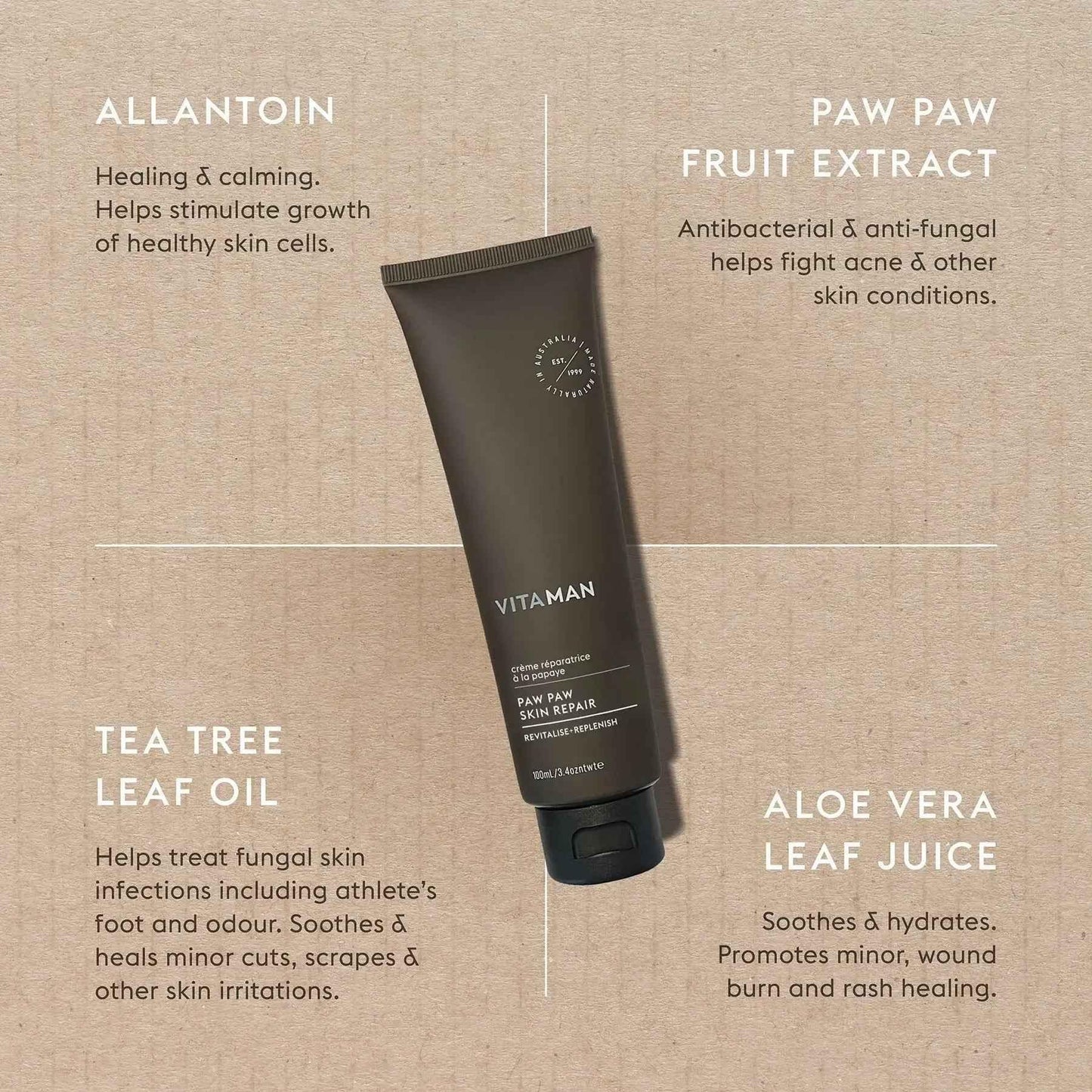 VITAMAN Australia Paw Paw Skin Repair Creme in a 100ml tube, designed for body skin care and repair.