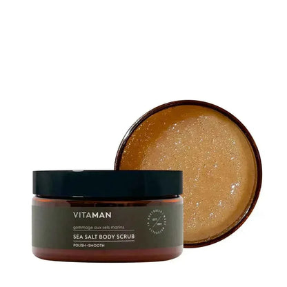VITAMAN Australia Sea Salt Body Scrub in a jar, showcasing the textured salt exfoliant for smooth, refreshed skin.