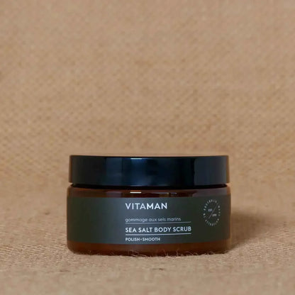VITAMAN Australia Sea Salt Body Scrub in a jar, showing the textured salt exfoliant for smooth skin.