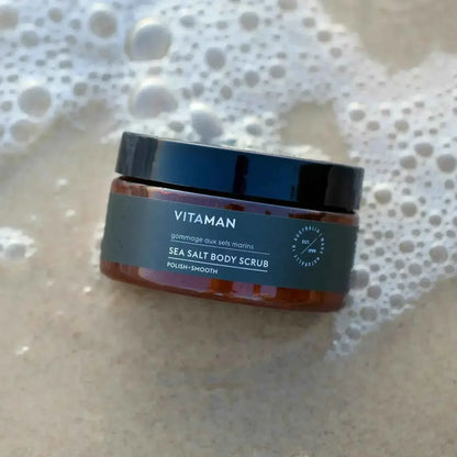 VITAMAN Australia Sea Salt Body Scrub in a jar, showing the textured salt exfoliant for smooth, refreshed skin.
