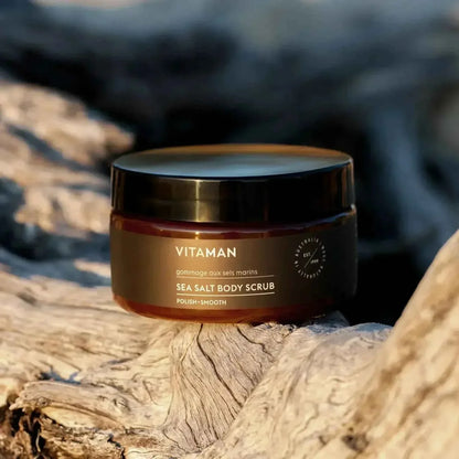 VITAMAN Australia Sea Salt Body Scrub shown in a jar, featuring coarse sea salt for exfoliating and revitalizing skin.