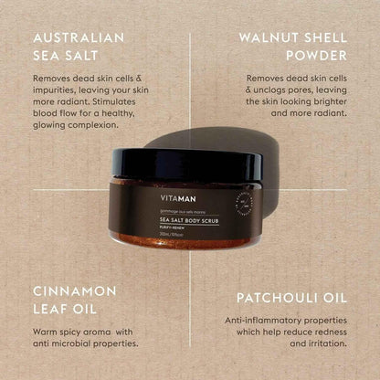 VITAMAN Australia Sea Salt Body Scrub in a jar, showing the natural textured scrub with sea salt for exfoliation and healthy skin.