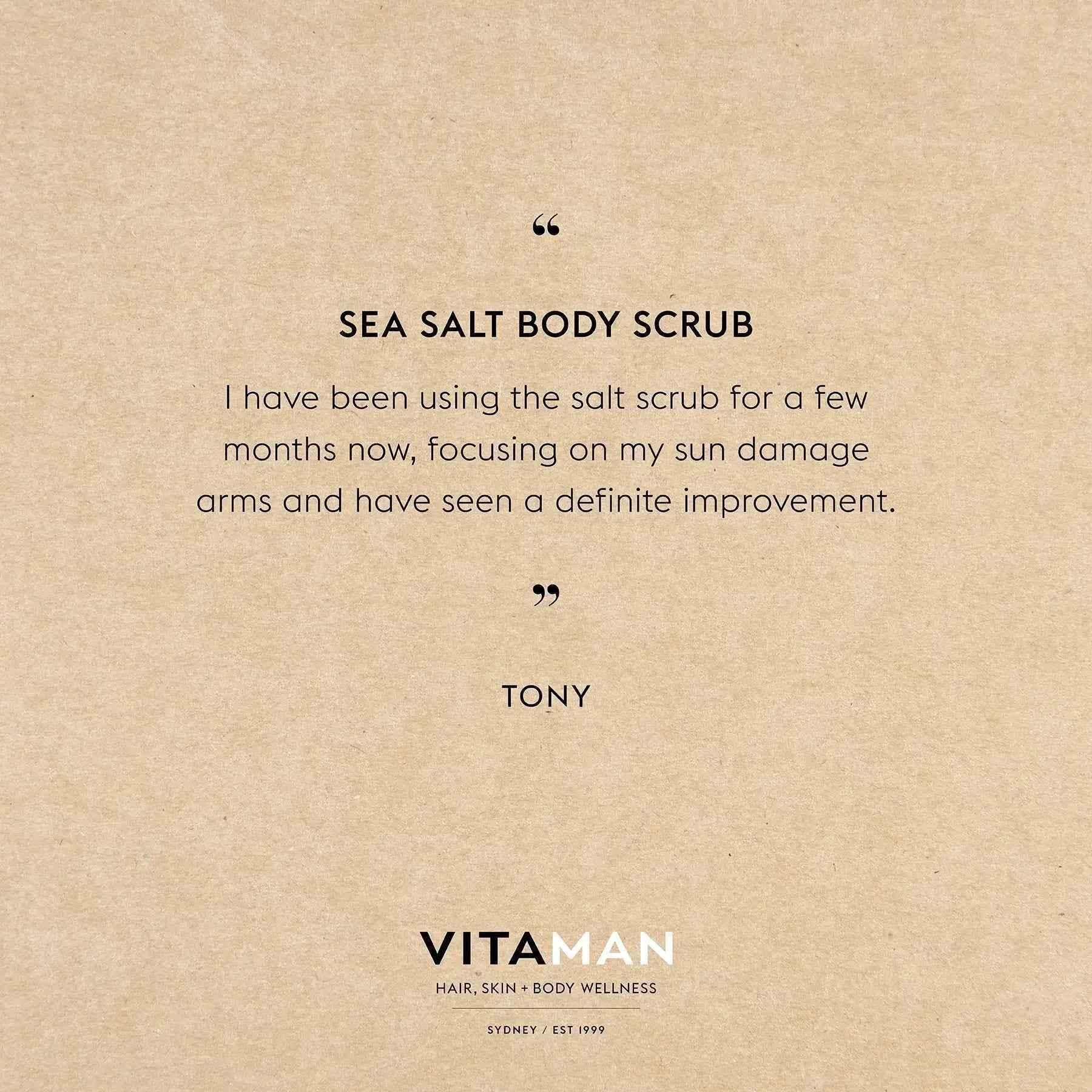 VITAMAN Australia Sea Salt Body Scrub in a jar, showing the natural exfoliating sea salt texture for smooth, refreshed skin.