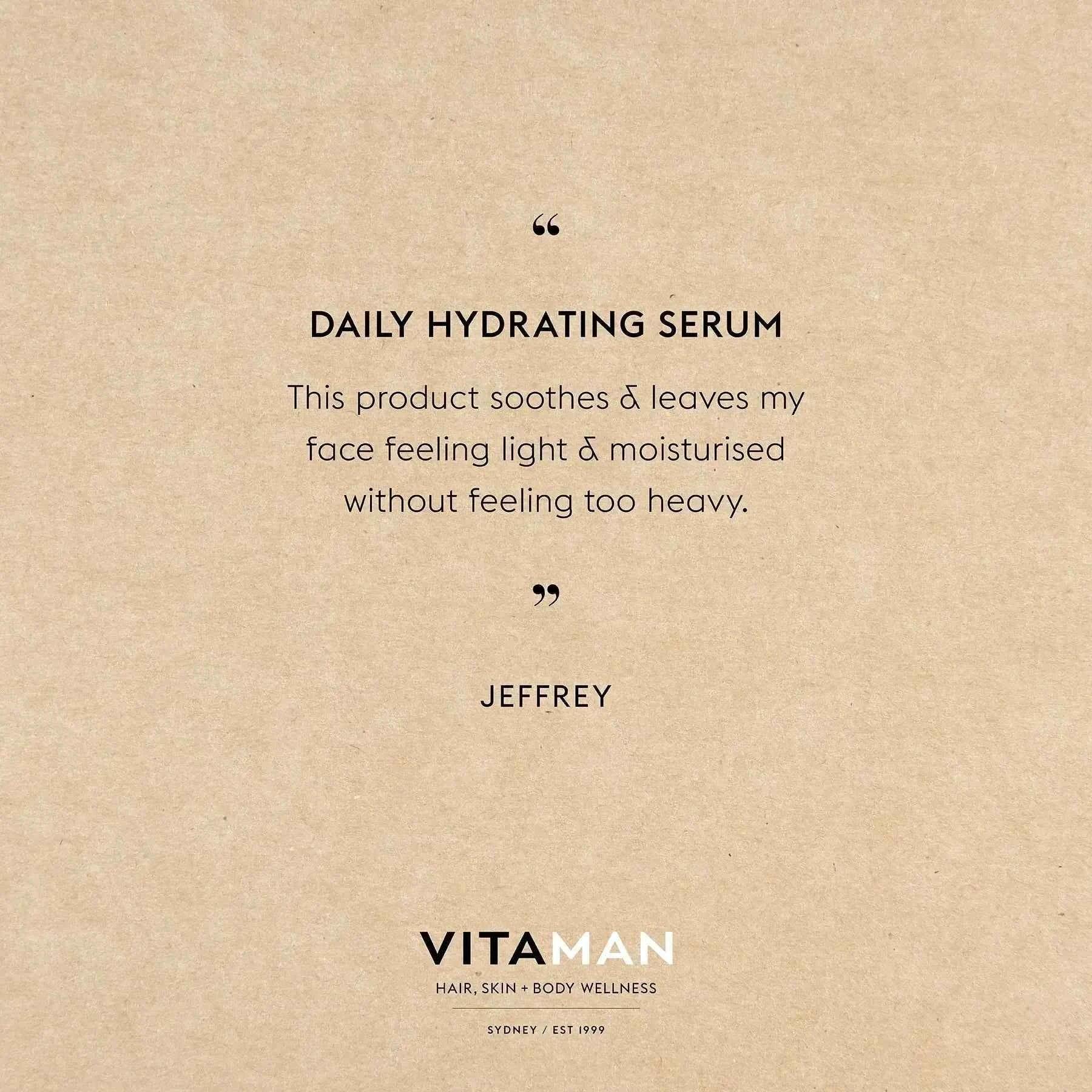 VITAMAN Australia Daily Hydrating Face Serum 30ml bottle with pump dispenser, moisturizing and revitalizing skincare for men.