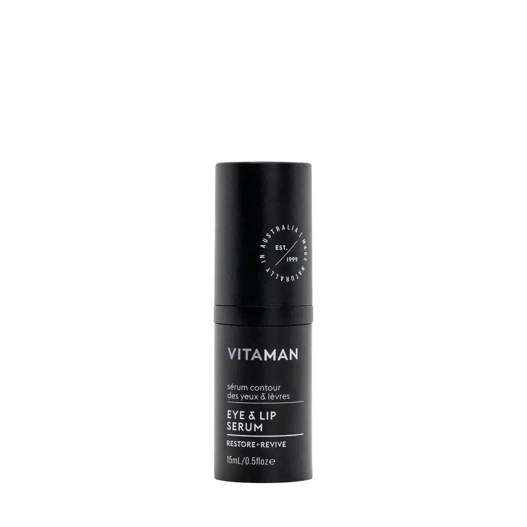 VITAMAN Australia face eye and lip serum bottle, showcasing the skincare product for hydration and rejuvenation.