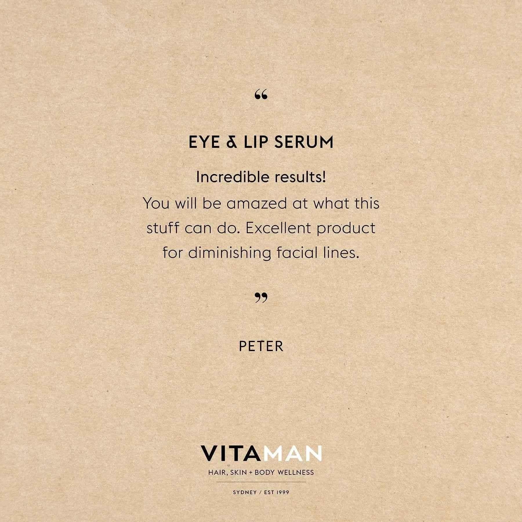 VITAMAN Australia Eye and Lip Serum for face, showing the serum bottle with a sleek design and clear labeling.