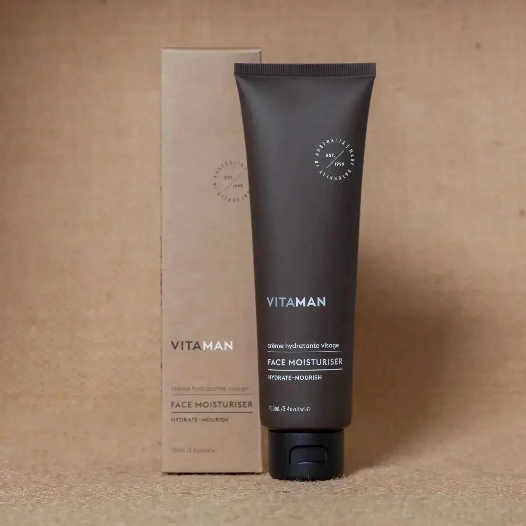 VITAMAN Australia face moisturizer in 100ml bottle, smooth and hydrating skincare product for men.