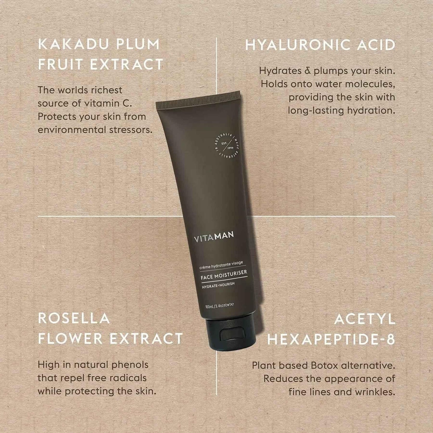 VITAMAN Australia face moisturizer in a 100ml container, showcasing the smooth, hydrating cream for men's skincare.