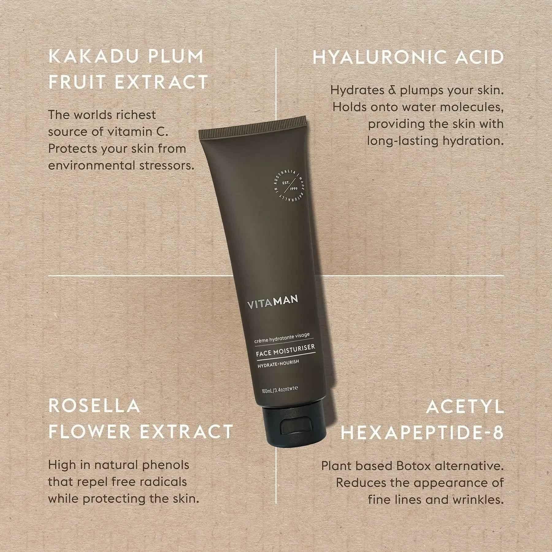 VITAMAN Australia face moisturizer in a 100ml container, showcasing the smooth, hydrating cream for men's skincare.
