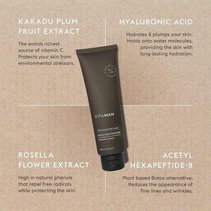 VITAMAN Australia face moisturizer in a 100ml container, showcasing the smooth, hydrating cream for men's skincare.