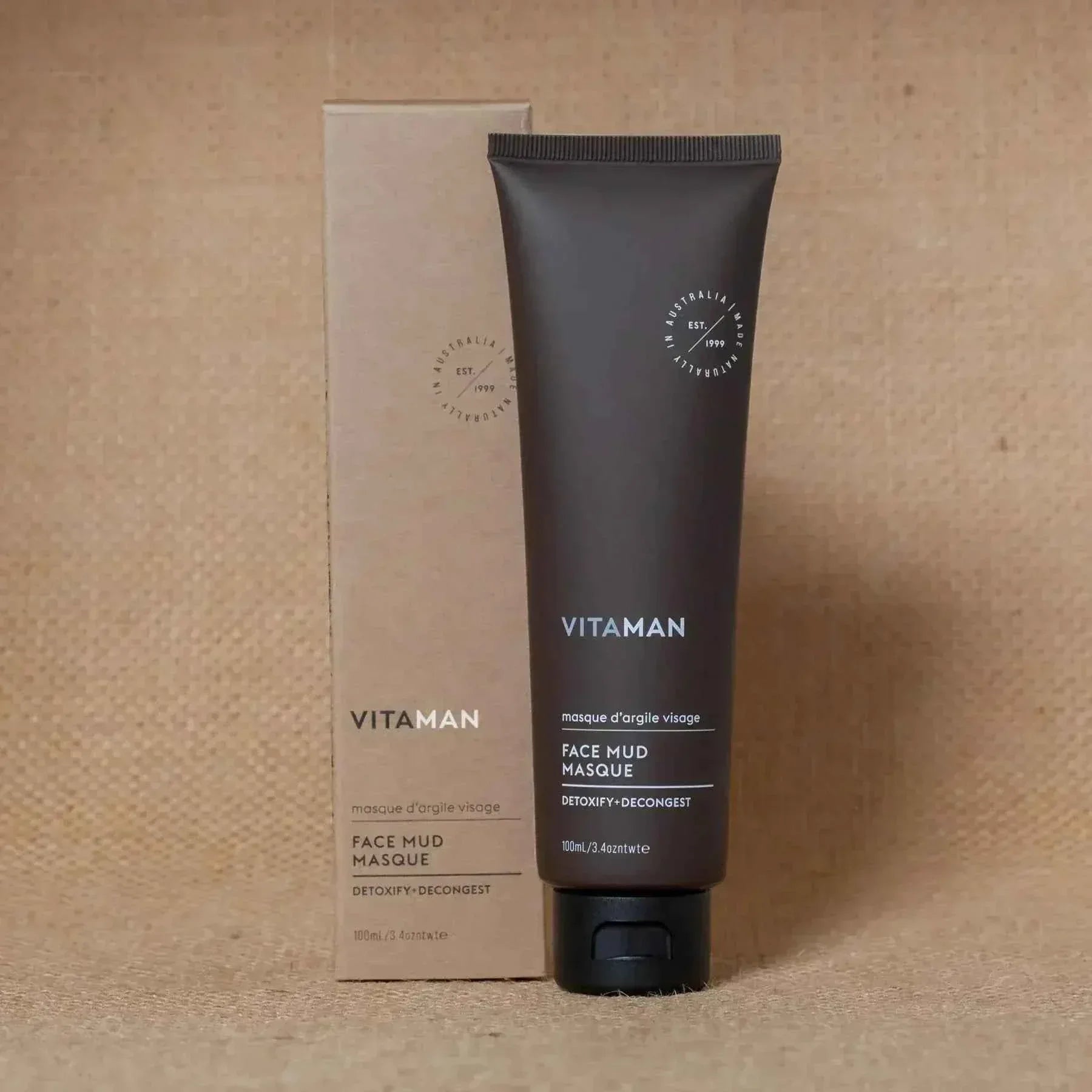 VITAMAN Australia Face Mud Masque 100ml, natural clay mask for men's skincare, with a sleek jar and label on a white background.