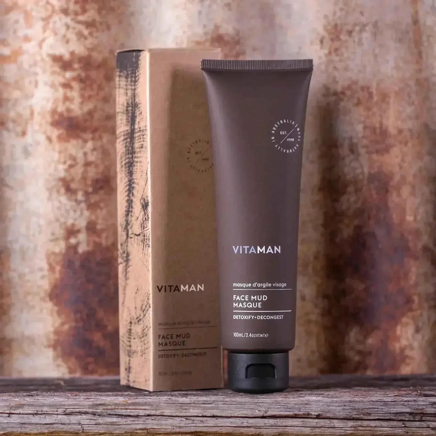 VITAMAN Australia Face Mud Masque 100ml in a sleek jar, ideal for men's skincare routines, with a smooth, clay-like texture visible.